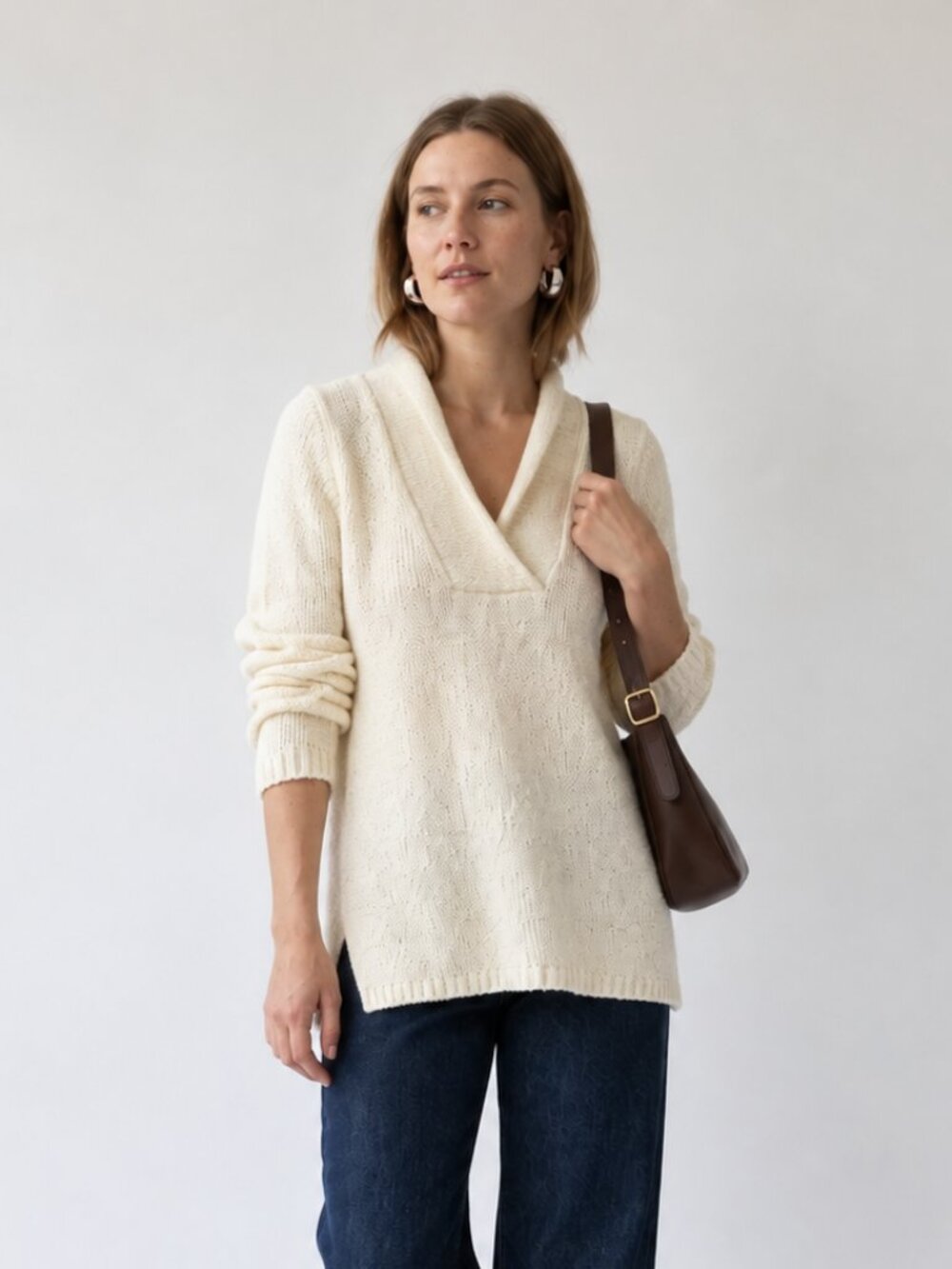 Coldwater Creek Ivory Textured Knit Shawl Collar Sweater S Soft Drapey